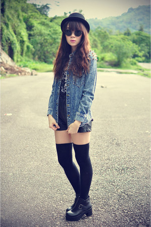 boots - Forever 21 hat - shirt - leather shorts shorts - Motel Rocks bodysuit