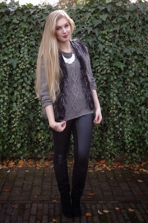 gray faux fur H&M vest - black H&M boots - gray cable knit H&M sweater