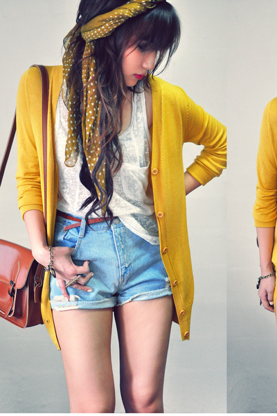 mustard cardigan - light blue shorts - off white top - maroon wedges