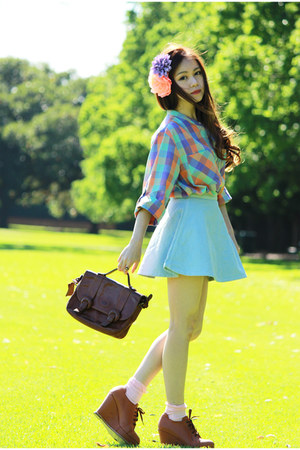 light blue American Apparel skirt - dark brown vintage bag