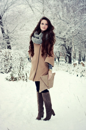gray suede Yoox boots - tan wool Zara coat - navy skinny asos jeans