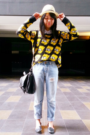 light blue cotton on jeans - beige straw fedora H&M hat